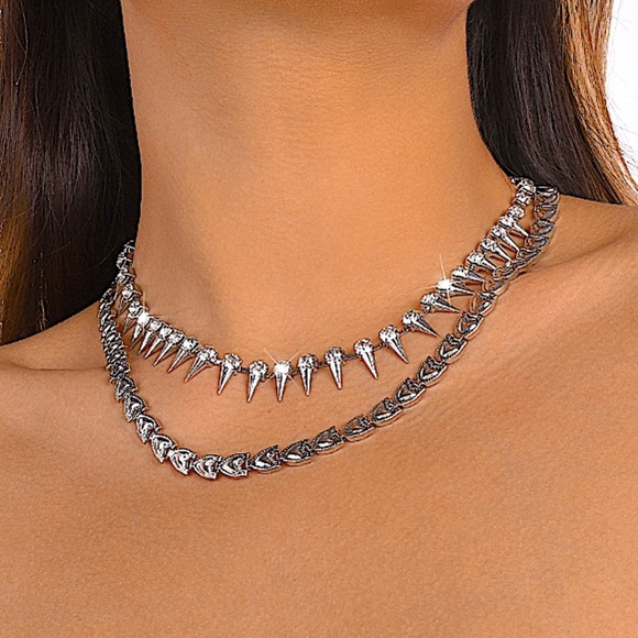 Spiked Silver Zircon Multilayered Choker Necklace - Picture 3 of 6